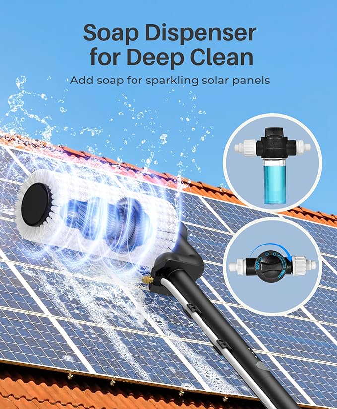 LyriFine Electric Solar Panel Cleaning Brush and Pole Kit, 20Ft Extendable Washing Kit with Water Fed Pole, 2 Speed & Soap Dispenser, Outdoor Window Cleaning Tool for Solar Panel, Window, Roof, RV
