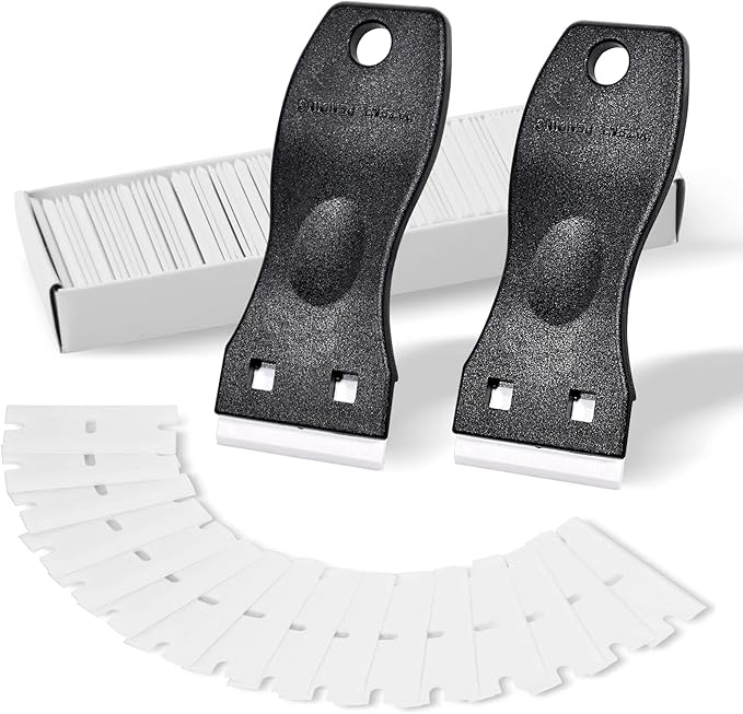 FOSHIO 2PCS Plastic Razor Blade Scraper Tool and 100PCS Plastic Blades for Gasket Remover, Sticker Remover, Labels Decal and Adhesive Remover for Windows and Glass (Dark Black)