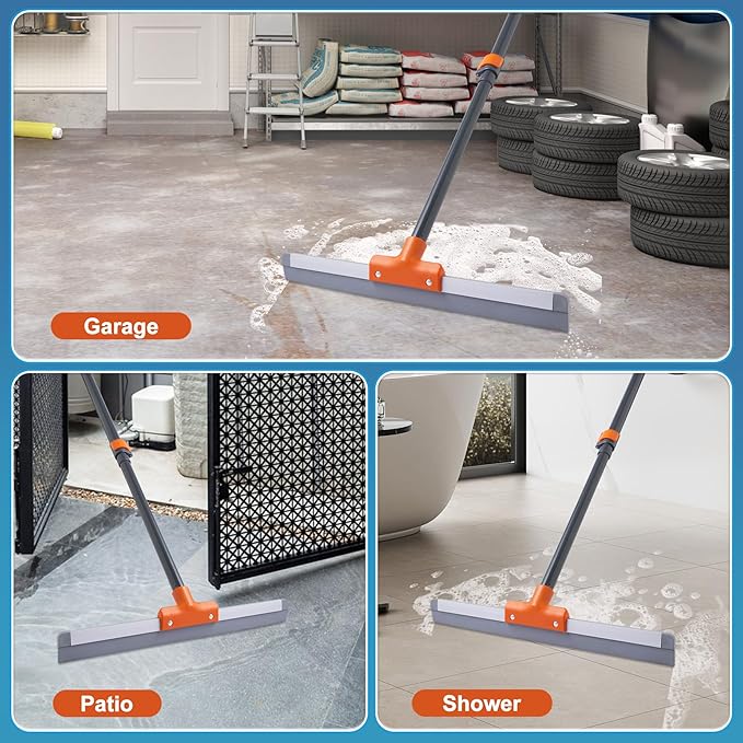 CLEANHOME Rubber Floor Squeegee for Concrete Floor, Tile Floor, Metal Aluminium Heavy Duty Garage Shower Floor Squeegee Broom for Removing Water, Commercial Scrubber Mop with Extendable Long Handle