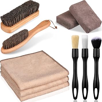 Weysat 10 Pcs Leather Car Interior Detailing Brush Set, Microfiber Cloth Applicator, Absorbent Sponge Block, Natural Bri
