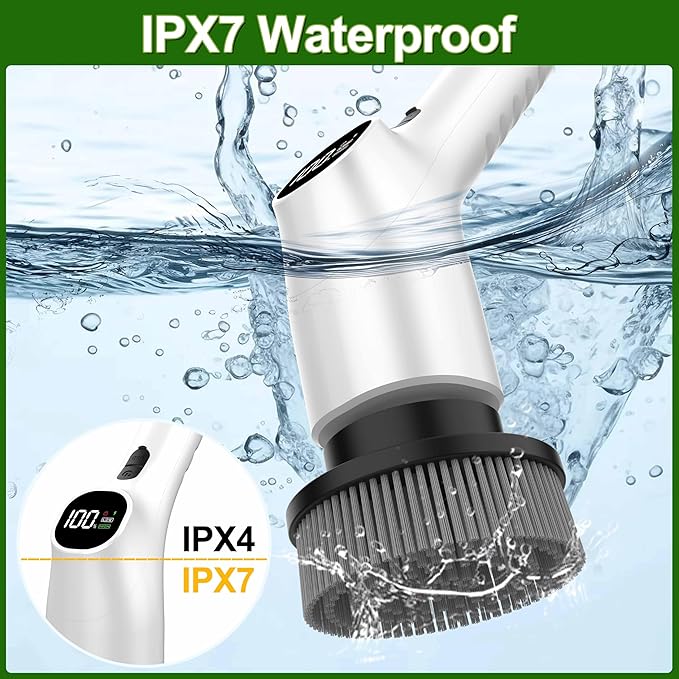 Electric Spin Scrubber, Shower Scrubber with Long Handle Adjustable LCD Display, 2 Speed Shower Cleaner, 7 Replaceable Brush Heads Bathroom Cleaning Brush, Bath Tub Power Scrubbers White G3