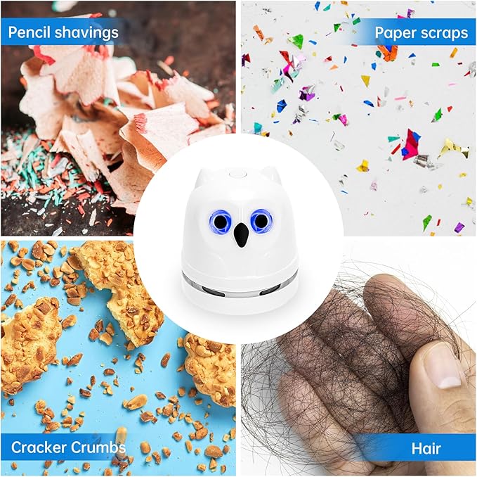 Mini Crumb Vacuum Cleaner Owl Tabletop Crumb Sweeper Vacuum USB Recharging Craft Desk Vacuum Cleaner for Glitter Paper Scraps Eraser Crumbs Pencil Shavings Cookie Crumbs
