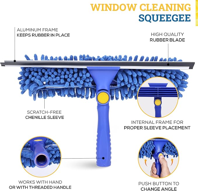 Kleen Handler 2-in-1 Window Squeegee with 60” Extendable Pole, Rotatable Glass Cleaner Tool for Commercial and Residential Use, 2 Reusable Sleeves and 14” Blade
