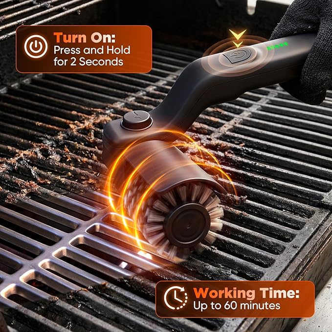 Sakerplus Electric Grill Brush,Cordless Rechargeable Grill Cleaning Brush with 2 Heads, 3-Speed & Angle Adjust, 400 RPM Waterproof Grill Cleaner for Outdoor Grill for Outdoor Camping Barbecue Grates
