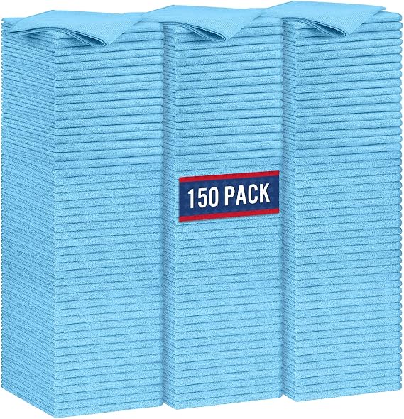 GLIMGLINT Blue Microfiber Cleaning Cloth,150PK Reusable Cleaning Rags,Highly Absorbent Shop Rags Bulk,All-Purpose Car Cl