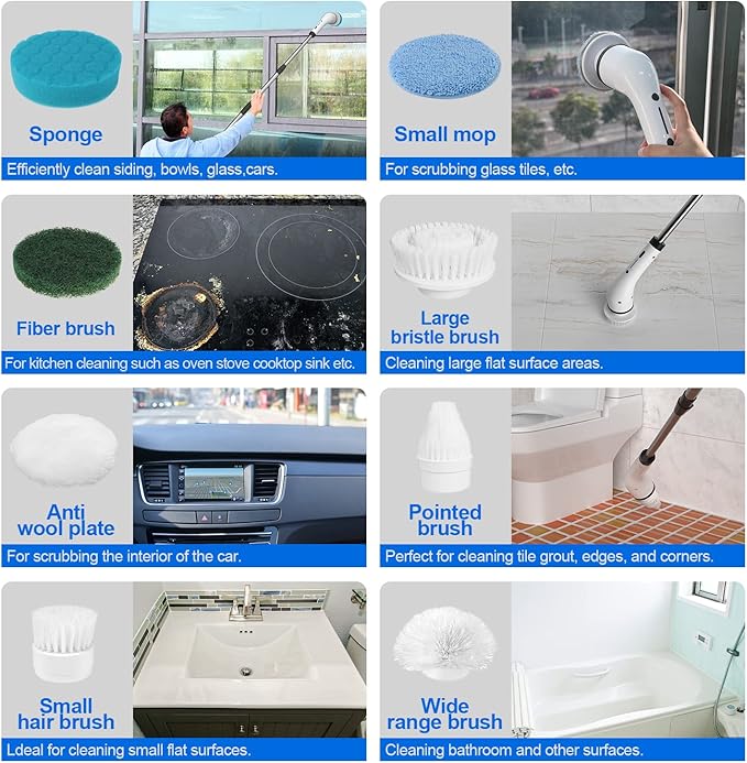 Electric Spin Scrubber, Shower Cleaning Brush, 2 Adjustable Speeds Cordless Power Spinning Cleaner Brush with 8 Replaceable Brush Heads for Tile, Tub, Sink, Wall, Bathroom SXT-160
