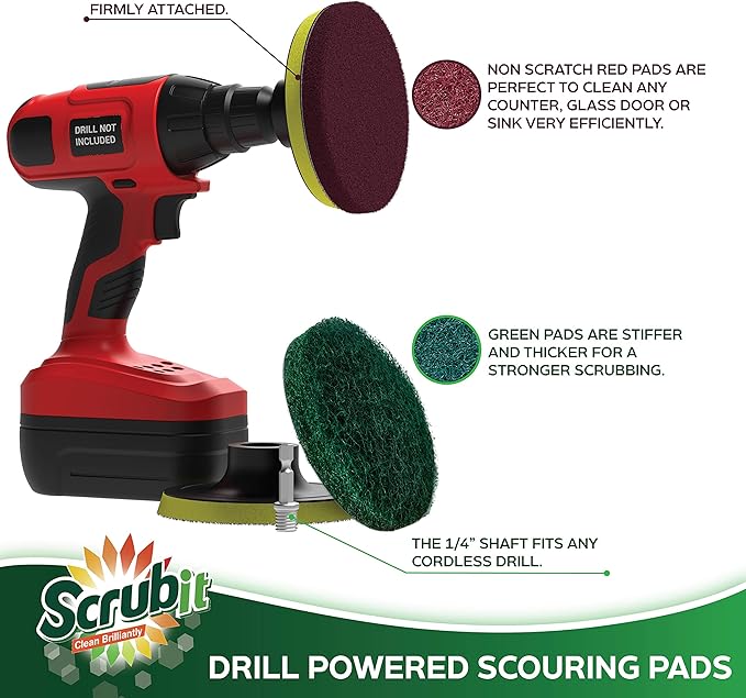 SCRUBIT Drill Brush Power Scouring Pads - Heavy Duty Tub and Tile Cleaner - Drill Scrubber Brush kit Includes Drill Attachment, 3 Red, 3 Stiff Green Scrubber Pads