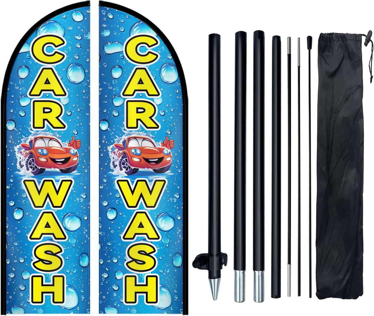 Double Sided Car Wash Feather Flag with Pole Kit, 8FT Outdoor Car Wash Advertising Flag Set with Durable Polyester, High Visibility Sign for Auto Wash, Detailing Shop, Roadside Promotion