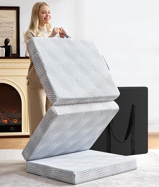 BDEUS Memory Foam Folding Topper 3.95 Inch Small Queen Size with Protable Storage Bag, Trifold Topper Soft Guest Mat Flo
