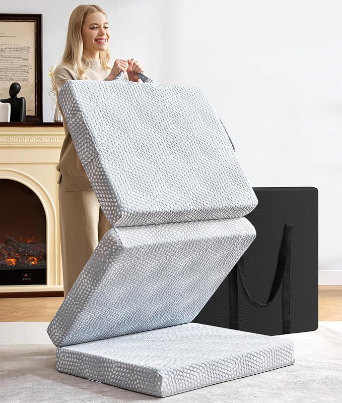 BDEUS Memory Foam Folding Topper 3.95 Inch Small Queen Size with Protable Storage Bag, Trifold Topper Soft Guest Mat Flo