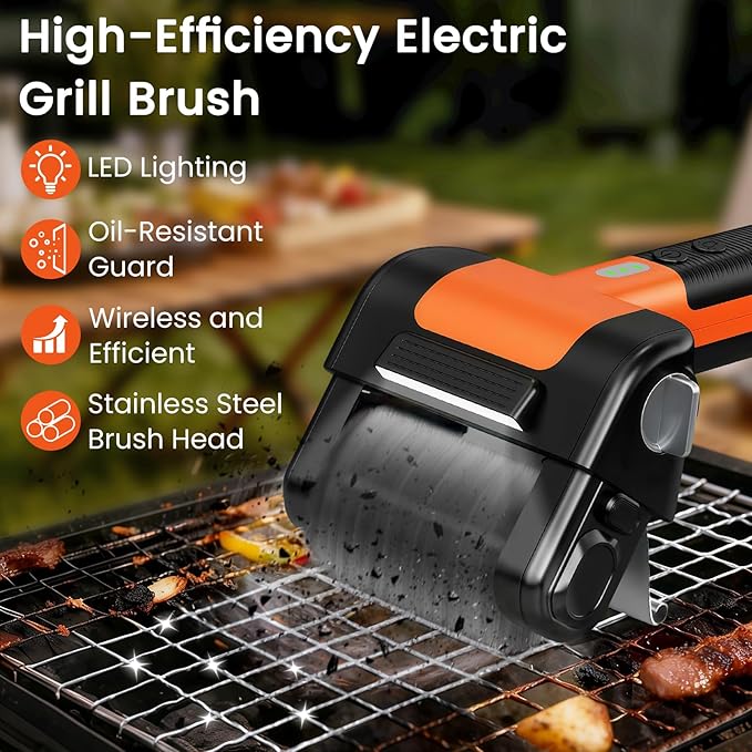Electric Grill Brush, 950 RPM Cordless Electric BBQ Grill Cleaner with 4500mAh Battery, LED Light, 304 Stainless Steel Brush Head, No Preheating Grill, Heavy Duty Grill Clean Tool for Outdoor Grill