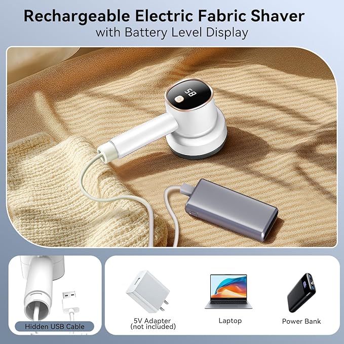 Rechargeable Fabric Shaver for Clothes: 6-Leaf Blades & 3 Speeds to Remove Pilling, Fuzz & Lint Balls - with LED Display, Portable Electric Lint Remover for Sweater, Couch, Blanket, Furniture