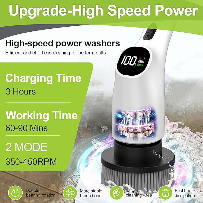 WKY-Electric Spin Scrubber - 10-in-1 Cordless Shower Scrubber & Cleaning Brush with Extendable Handle, 2 Speeds, IPX7 Waterproof Brush Heads, LED Display, Smart AI Chip,for Bathroom, Kitchen White