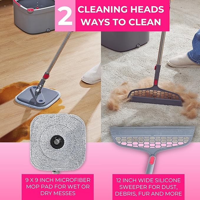 Heavy Duty Square Spin Mop for Floor Cleaning, Separate Compartment for Clean and Dirty Water, Use Any Cleaning Solution, Self Cleaning, Machine Washable Pads