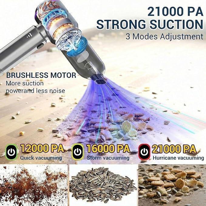 2-in-1 Handheld Vacuum & Blower, 21000Pa Powerful Suction, 1.5lbs Ultra Lightweight Cordless Car Vacuum with Rapid Charging, for Car/Pet Hair/Home/Office - 3 Adjustable Suction Levels