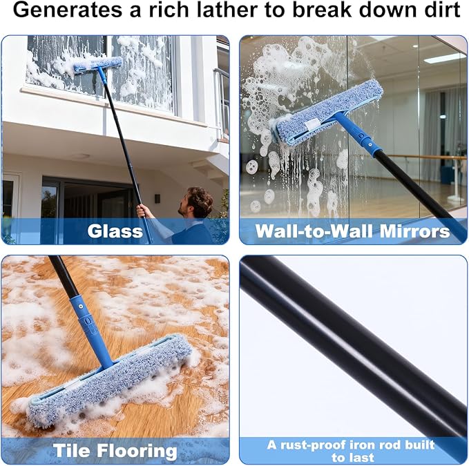 3-in-1 Professional Window Squeegee Kit with 2 Squeegee, 2 Microfiber Scrubber, 1 Razor Scraper, Thick Iron, 77.5" Window Squeegee with Extension Pole for Car, Glass, Mirror, Wall, Bathroom, Home, Van
