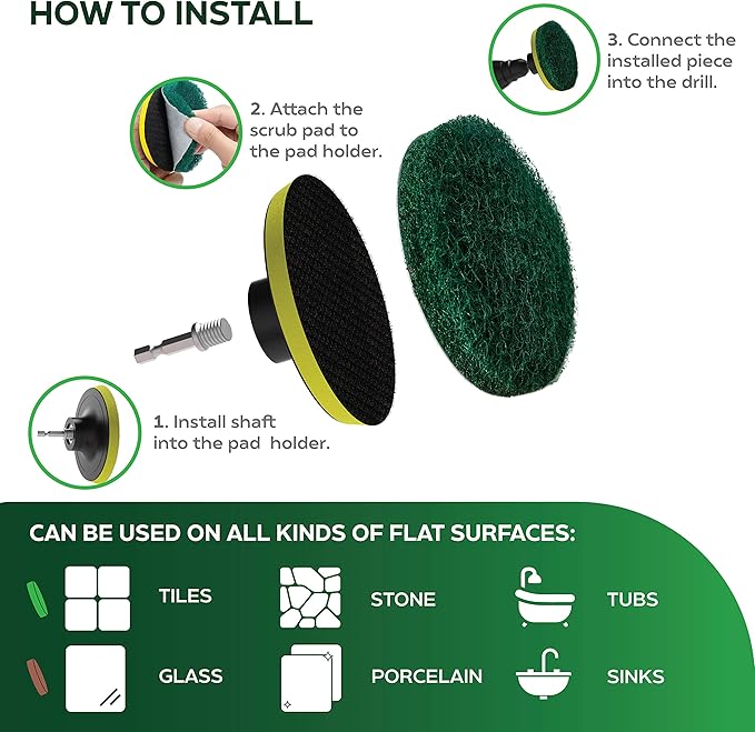 SCRUBIT Drill Brush Power Scouring Pads - Heavy Duty Tub and Tile Cleaner - Drill Scrubber Brush kit Includes Drill Attachment, 3 Red, 3 Stiff Green Scrubber Pads