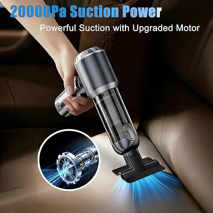 Car Vacuum Portable Cordless,20000Pa Suction Power Handheld Vacuum Ideal for Quick Cleaning in Cars, Homes, and Offices,with Washable Filter and Replaceable Nozzle,Type-C Charging,Silver&Gray