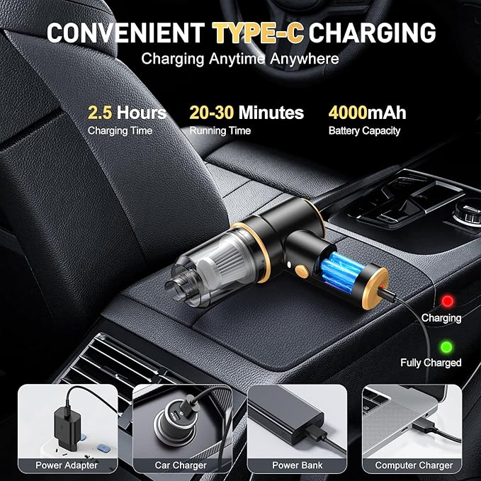 KMM Handheld Car Vacuum Cleaner, 9000PA Vacuum Cleaner & Air Duster, 120W High Power Vacuum Portable Cordless, Hand Held Vacuum Rechargeable with Multi-Nozzles & LED Light for Home, Car, Office