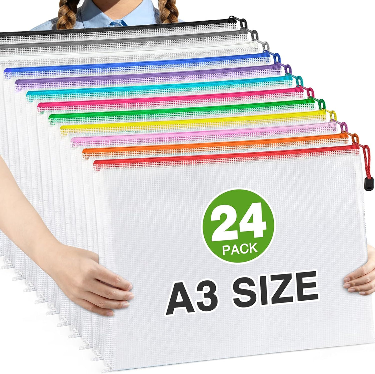 24 Pack A3 Mesh Zipper Bags, 16.9x12.4 12 Colors Storage Pouches