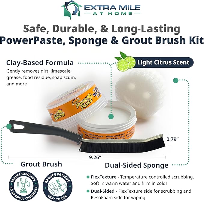 Power Paste Natural All Purpose Cleaner Bundle - Grout Cleaner for Tile Floors with Sponge & Crevice Brush - Deep Cleaning Tools for Shower Tile Grout, Bathroom, Kitchen Surfaces, Tight Spaces at Home