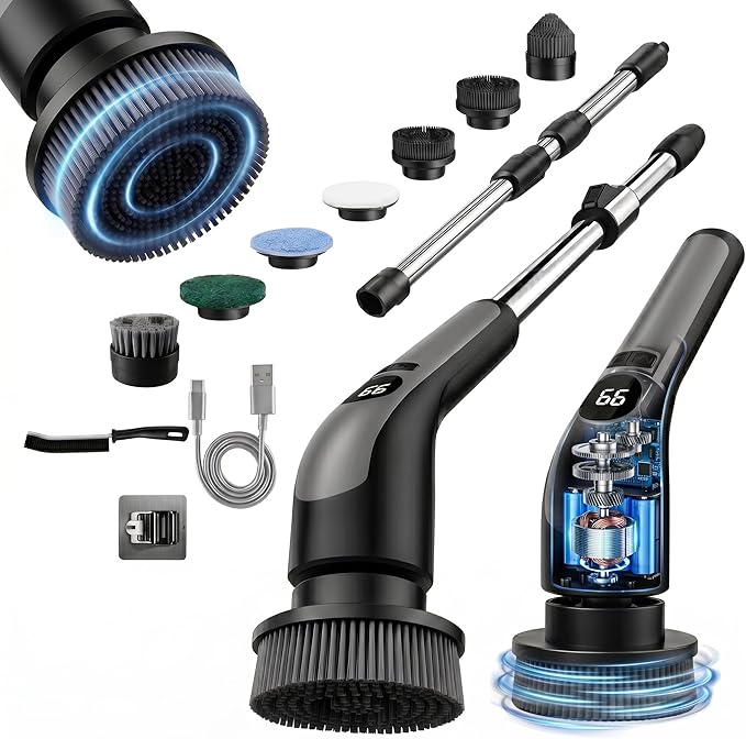 LIVINGPRO Electric Spin Scrubber with LCD Display, Cordless Cleaning Scrubber for Home, Upgraded 70W High-Power Motor, IPX7 Waterproof Dual Speed Power Scrubber, 7 Brush Heads, Extendable Long Handle