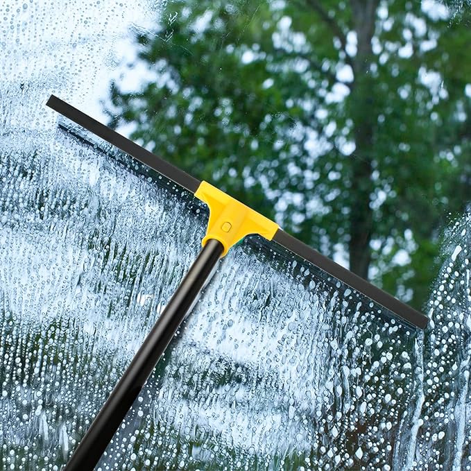 Floor Squeegee for Concrete and Tile Cleaning, 24'' Rubber Wiper Broom, Large Heavy Duty Water Scraper with 60'' Long Handle for Garage, Deck, Bathroom, Shower Glass, Window
