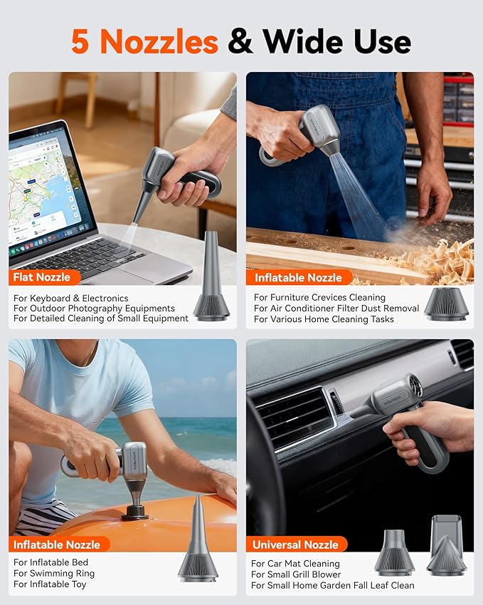 WOLFBOX MF60&MF70 Compressed Air Duster-110000RPM Super Power Electric Air Duster, 3-Speed Adjustable Rechargeable Cordless Air Blower with Fast Charging for PC Keyboard Cleaning, Car, Home (Gray)
