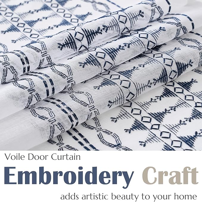 jinchan French Door Curtain Privacy Boho Embroidered Semi Sheer Voile Front Curtain for Window Doorway Closet, Door Panel with Tieback Rod Pocket 1 Panel (Blue on White, 55W x 40L Inch)