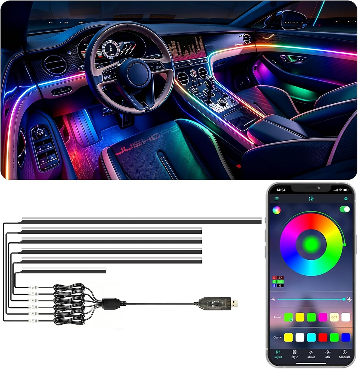 Interior Car LED Strip Lights, Car Ambient Lighting App Control