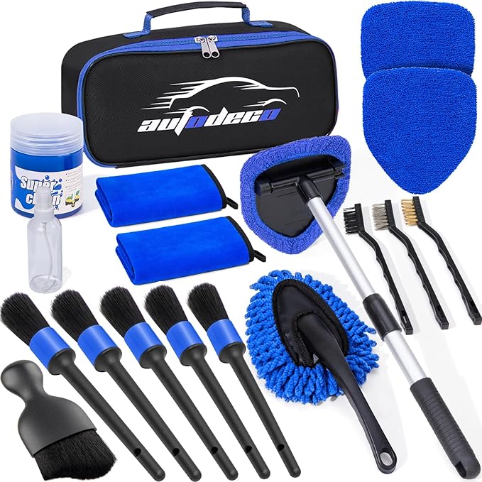 Windshield Cleaner Tool, 17Pcs Car Interior Detailing Kit, Detailing Brush, Towels, Duster, Car Cleaning Kit Interior for RVs, Truck, Trailer (Blue)