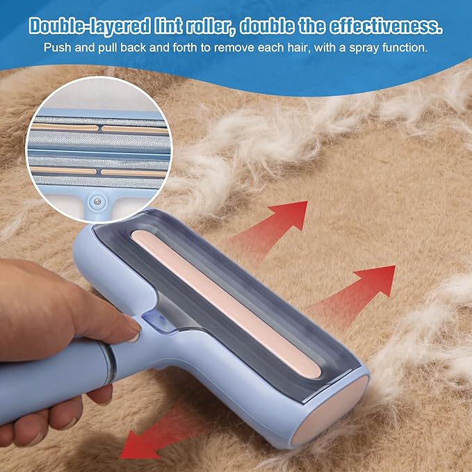 Pet Hair Remover Lint Rollers for Pet Hair Extra Sticky with Water Spray,Reusable 2-in-1 Dog Cat Hair Removal Tool for Furniture,Couch,Carpet,Bedding,and Clothes - Includes 4 Brushes