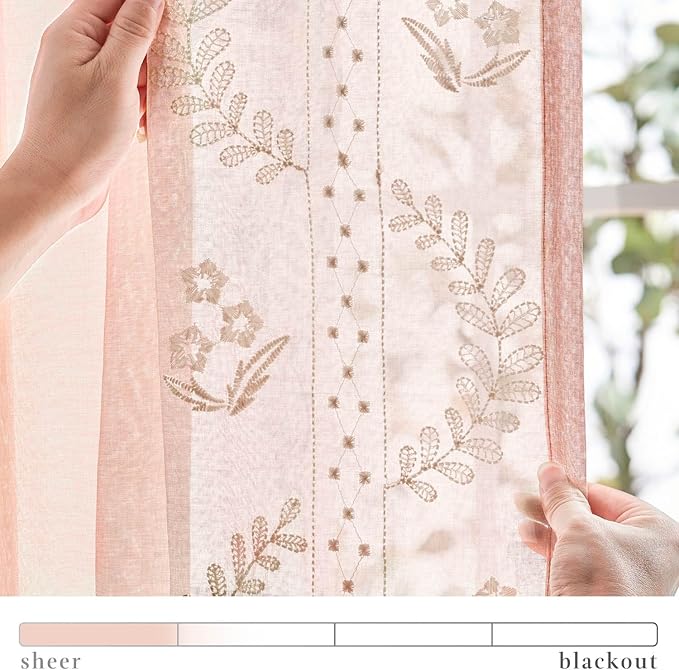 jinchan Semi Sheer French Door Curtain with Tie Up Bows Floral Embroidered Voile Privacy Curtain for Patio Door Closet Sliding Glass Door Rod Pocket 40 Inch 1 Panel Pink