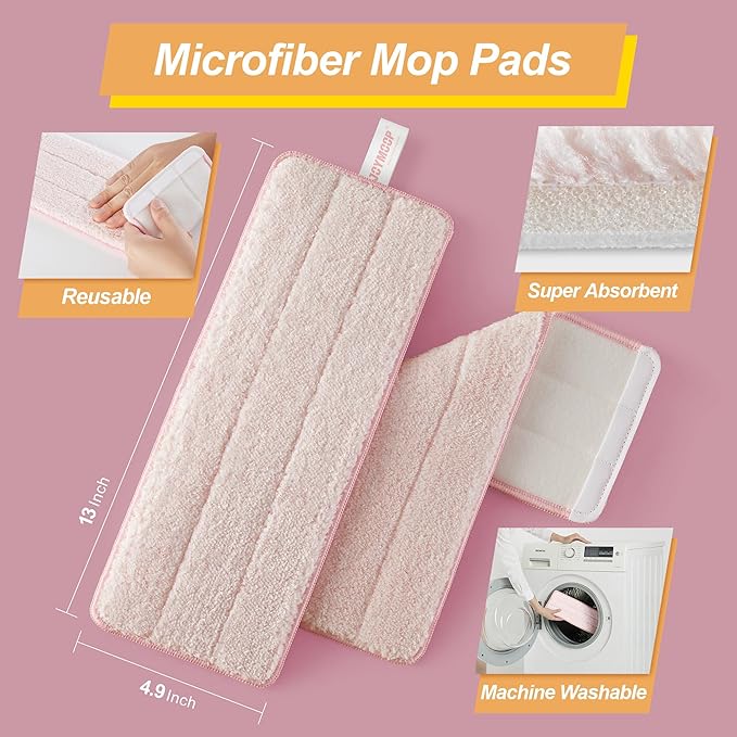 JOYMOOP Microfiber Flat Mop Replacement Pads, Washable Refills for Mop Bucket System, 13 Inch, Pack of 4, Pink