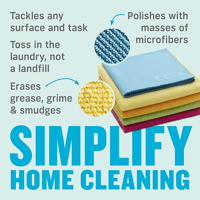 E-Cloth 10-pc Starter Pack, Microfiber Cleaning Cloth Set, Includes Household Cleaning Tools for Bathroom, Kitchen, and Cars, Washable and Reusable, 100 Wash Promise, Assorted Colors
