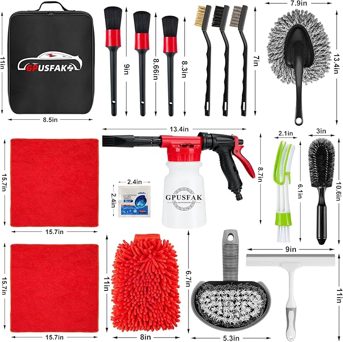 26Pcs Car Wash Cleaning Kit with Foam Gun Sprayer Detailing Brushes Window Water Scraper Tire Brush Towels Complete Interior Exterior Detailing Set for Car