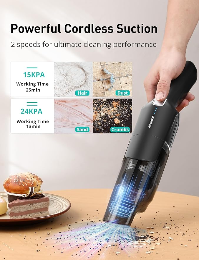 Aspiron Cordless Handheld Vacuum, 24KPA Powerful Car Vacuum, 2-Speed, 2 Charging Methods, Wireless Charger, Ergonomic Handle, Portable Rechargeable Vacuum Cleaner for Car, Home, Black Grey