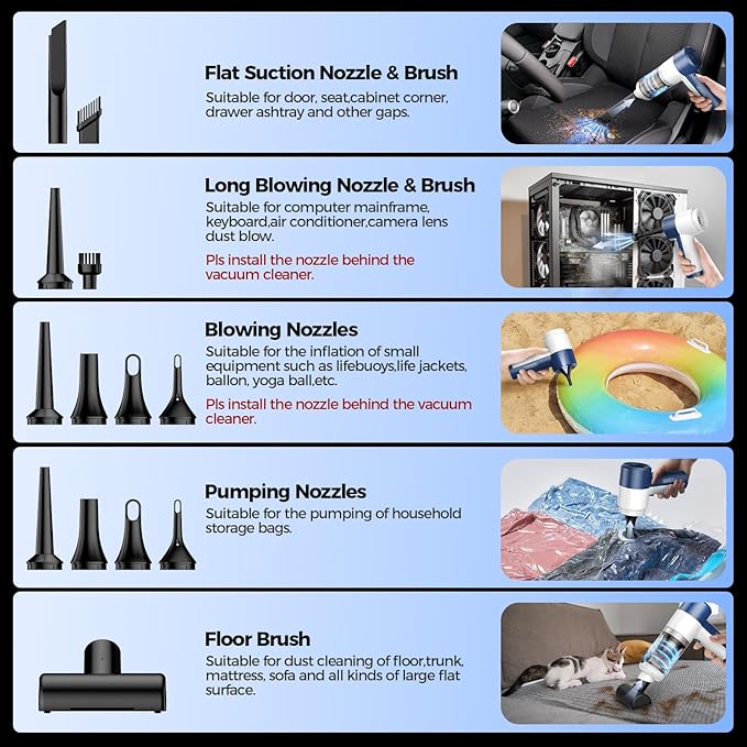 Car Vacuum Cleaner Cordless, 4 in 1 Portable Vacuum Cleaner 16000PA High Power Air Duster & Air Blower & Pump, Rechargeable Handheld Vacuum with Brushless Motor, Multi-Nozzles for Car, Home, Office