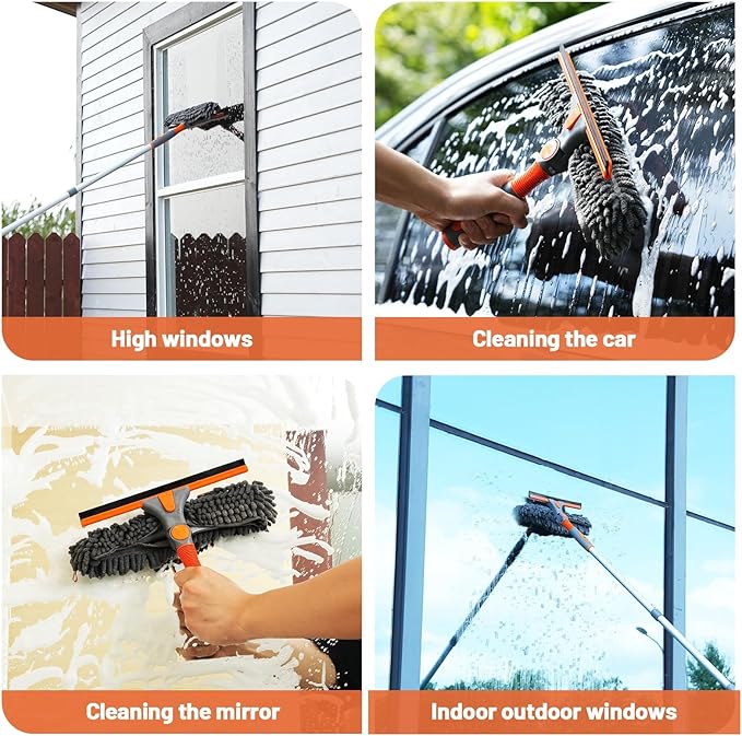 Eazer 2-in-1 Window Cleaner Tool, 64'' Window Squeegee for Home, Window Cleaning Squeegee Kit with Telescopic Pole, Window Washing Kit with Rotatable Bendable Head(Threaded + Telescopic) - EAW01