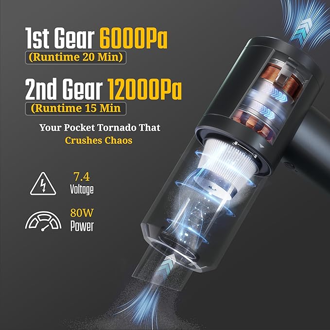 Handheld Car Vacuum Cleaner & Air Blower Cordless – Mini Powerful 12000Pa Suction, Portable Small Hoover, HEPA, Accessories for Interior, PC, Home & Kitchen