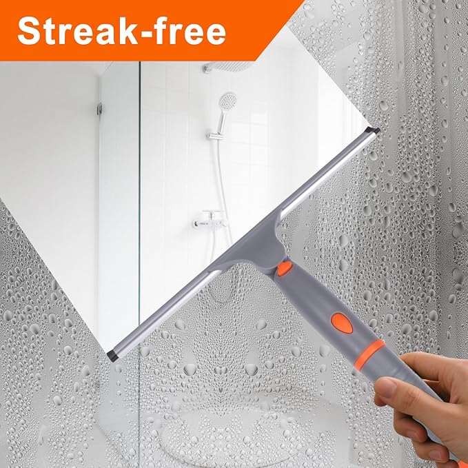 All Purpose 10 inch Shower Squeegee with 2pcs Rubber Wiper Blade Window Squeegee Soft Safe to Clean Shower Door Bathroom Car Windshield Glass Mirrors