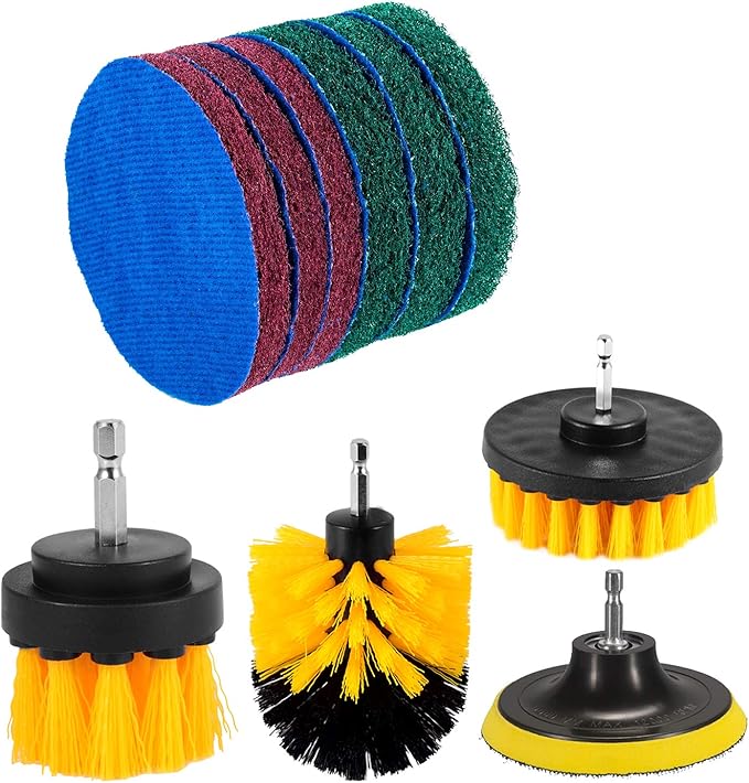 Kichwit 4 Inch Drill Power Brush Tile Scrubber Scouring Pads Cleaning Kit, 2 Inch Small Brush Included, Heavy Duty Household Cleaning Tool (Drill NOT Included)