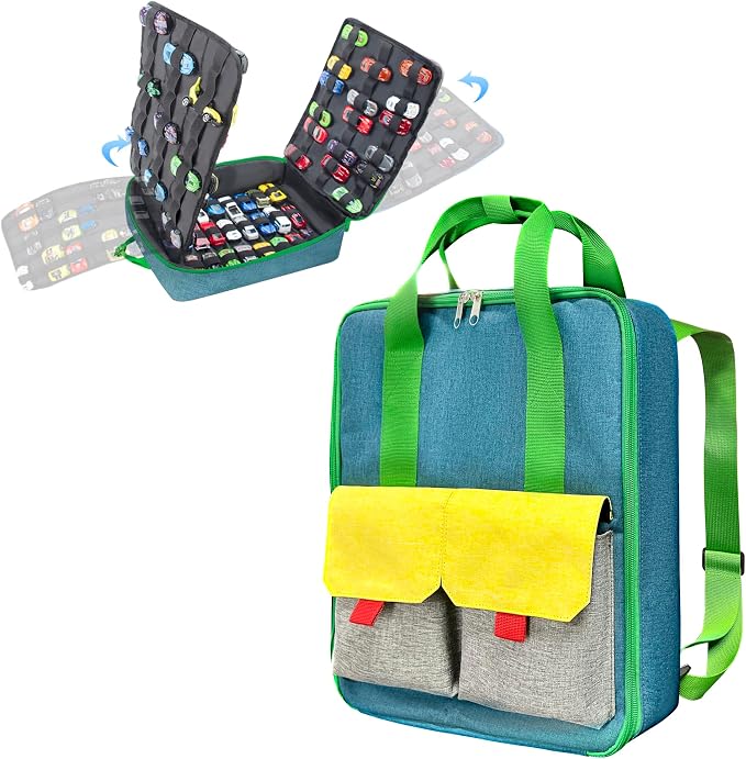 Toy Car Storage Backpack, Diecast Organizer 108 Slots (Blue)