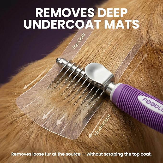 Poodle Dematting Fur Rake Comb Brush for Dogs and Cats - Long 2.5" Steel Safety Blades Metal Comb for Detangling Matted or Knotted Undercoat Hair