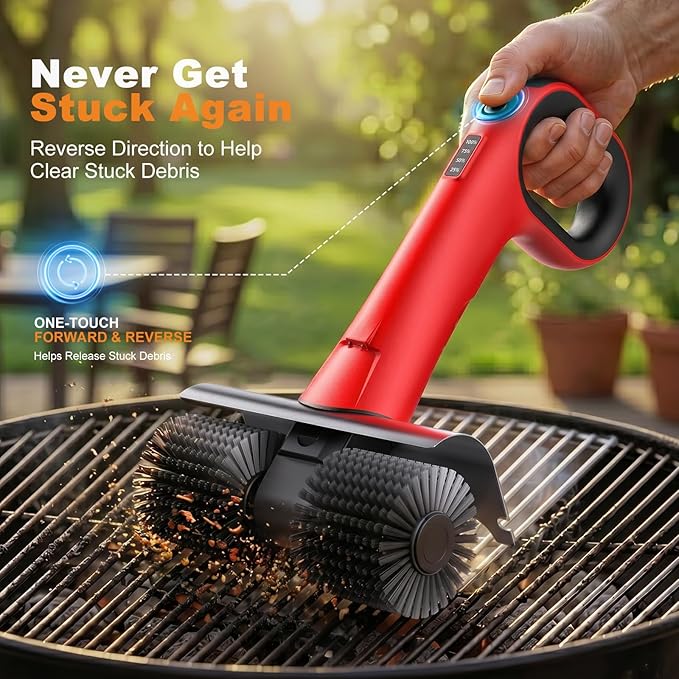 Electric Grill Brush for Outdoor Grill, Cordless BBQ Grill Cleaner with Dual Rotating Heads, 450 RPM Motorized Grill Cleaning Brush with Forward & Reverse, 6-Piece Replaceable Brush Set