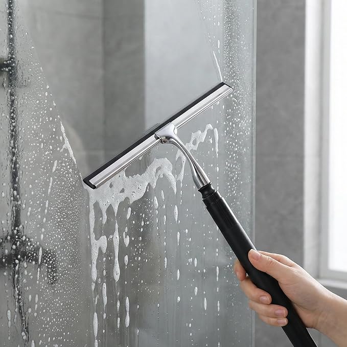 Toncoke 2 in 1 Window Squeegee, Shower Squeegee Window Cleaning Kit with Extension Pole Long Handle Squeegee for Shower Glass Floor Bathroom Home Outdoor, 12 inch Wide, Black