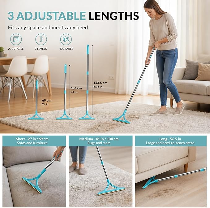 3 Pack Set Pet Hair Removal Tool – Reusable Carpet Rake Set with Long Handle, Dual-Sided Scraper & Detail Tool for Carpet, Furniture, Car & Embedded Dog & Cat Hair