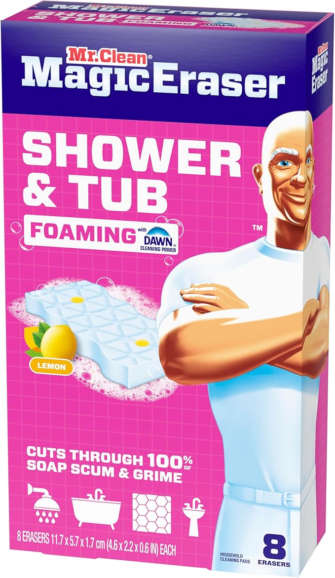 Mr. Clean Magic Eraser Sponge, Bathroom, Shower, Tub Cleaner, Soap Scum Remover, Bathroom Cleaning Supplies, Dawn Cleaning Power with Lemon Scent, Shower & Tub, 8 Count (Pack of 4)