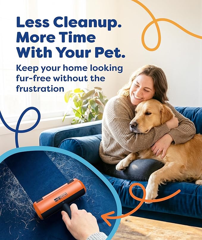 Triton Pet Hair Removal Tool w/Fur Trapping Compartment, 60% Smaller Storage Size, Reusable Shedding Roller, Cat and Dog Hair Remover for Car, Furniture, Carpet, Couch (Orange)