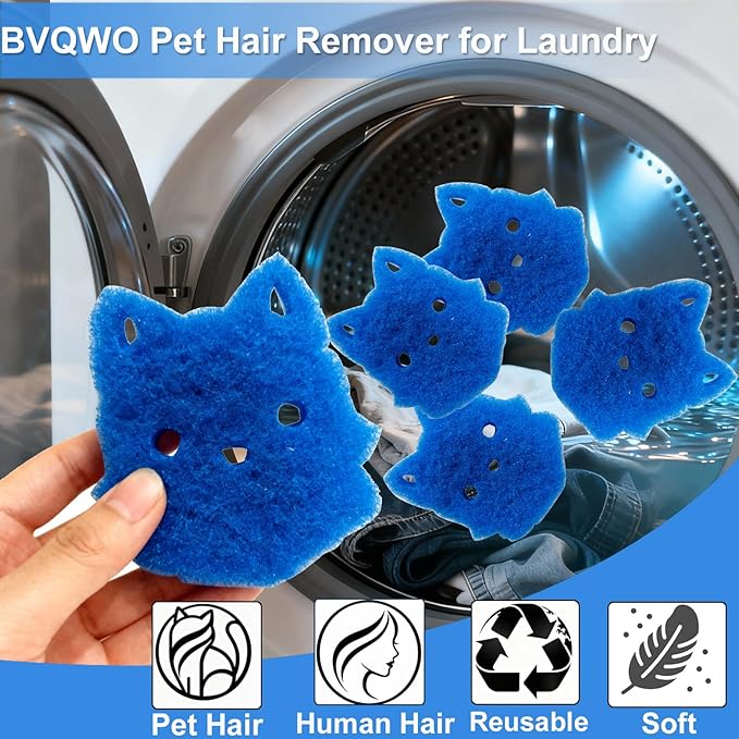 Pet Hair Remover for Laundry, 6PCS Reusable Dog & Cat Hair Remover Tool - Removes Pet Fur, Hair, Lint, Dander from Clothes &Washing Machine. (Blue, cat face)